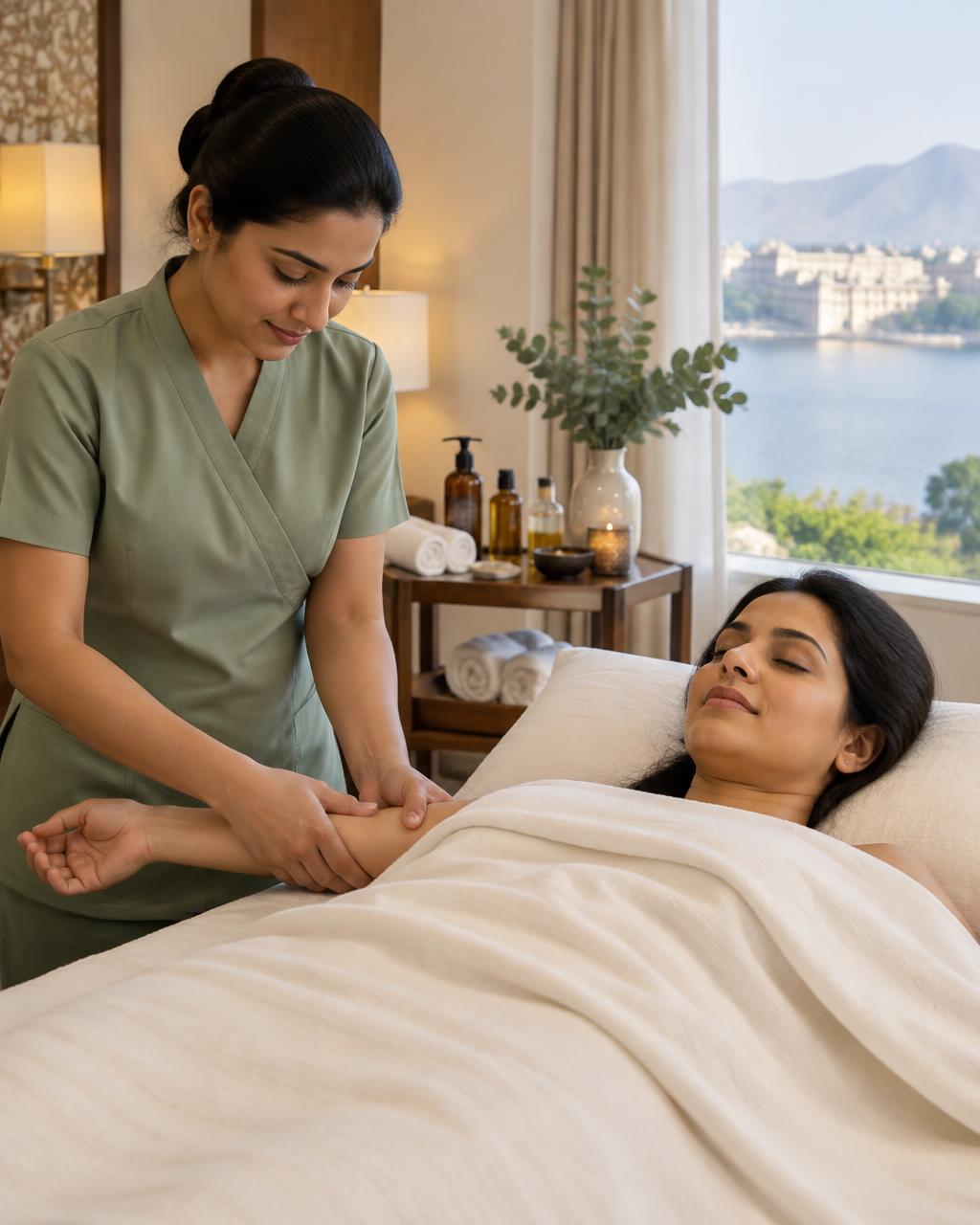 An adult woman receiving professional therapeutic hand and forearm massage, comfortably covered with fresh linens